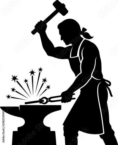 Blacksmith swinging hammer on anvil silhouette
