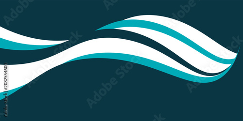Abstract turquoise and white wave vector background on dark blue, modern sea or water design template with copy space.