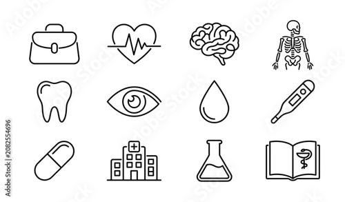 Foto Minimal Single Line Health School Subject Icons with Medical Education Continuou