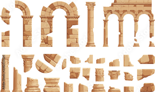 Canvastavla Ancient Roman architectural arches and broken stone column ruins vector set, ant