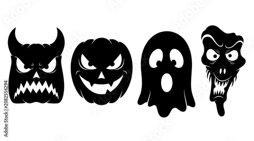 Photos Four Spooky Halloween Characters: Devil Pumpkin, Jack-o'-lantern, Ghost, and Mon