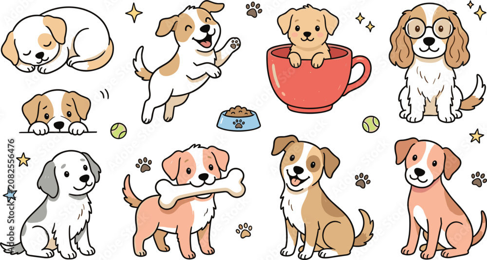 Fototapeta premium Cute Puppy Dog Illustration Collection Featuring Playful, Sleeping, Sitting, and Happy Dogs with Pet Accessories for Nursery, Kids, and Veterinary Designs