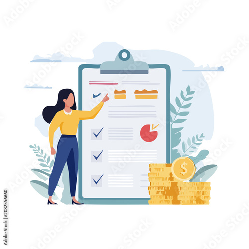 Woman with clipboard and financial charts in flat vector style