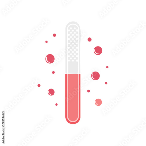 Red liquid test tube with droplets, flat vector illustration