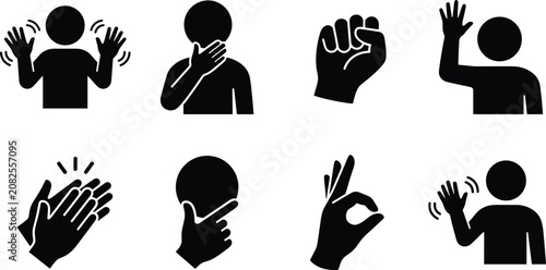 Hand Gesture and Nonverbal Communication Silhouette Icons Set for Sign Language and Human Expression