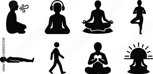 Bild auf Leinwand Meditation and Mindfulness Silhouette Icons Set for Yoga Breathing Relaxation an