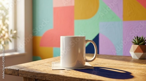 White ceramic mug on a wooden table in a bright room