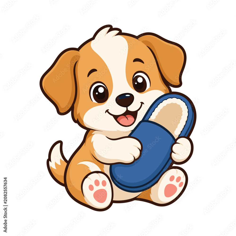 Obraz premium Cute Puppy Cartoon Holding a Blue Slipper Isolated on White Background Mascot Character Illustration