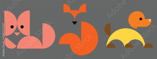 Modern geometric animal icon collection featuring a cat, fox, and dog created from simple abstract shapes with a minimalist flat design. This playful vector illustration is ideal for children's brandi