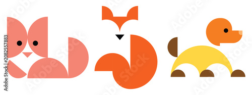 Modern geometric animal icon collection featuring a cat, fox, and dog created from simple abstract shapes with a minimalist flat design. This playful vector illustration is ideal for children's brandi