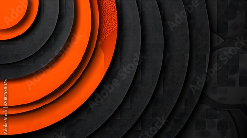 Abstract background featuring orange and black concentric circles.