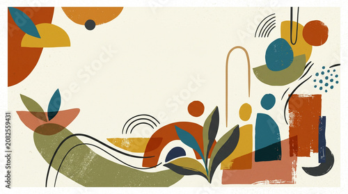 Colorful Mid-Century Modern Abstract Composition with Organic Shapes and Patterns