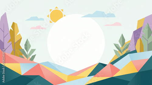 Minimalist Geometric Landscape with Colorful Sun and Abstract Mountains in Soft Gradient Style