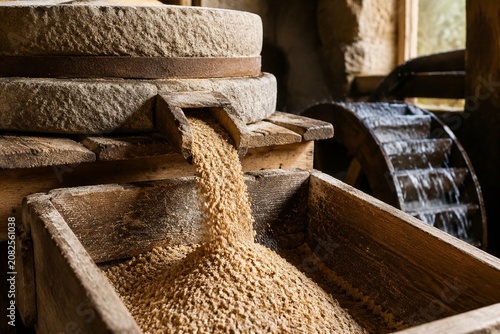 Obraz na płótnie Coarse grain powder flowing from an old watermill's stone mill.