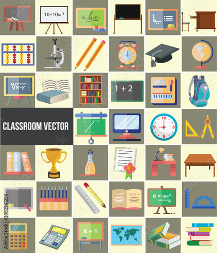 Foto A comprehensive collection of various classroom and back to school supplies, educational tools, and learning equipment in a grid layout