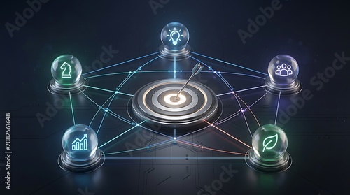 Abstract Network of Business Concepts Connected to a Central Target, Representing Strategy, Innovation, Growth, Teamwork, and Sustainability