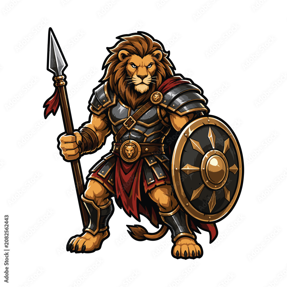 Fototapeta premium Powerful Lion Warrior Mascot Holding Spear and Shield in Ancient Roman Gladiator Armor Illustration