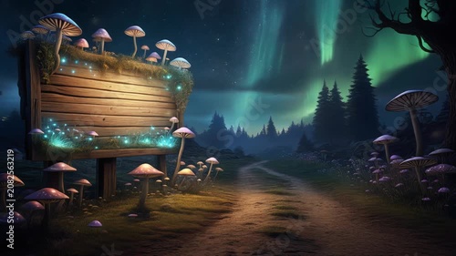 Magical Night Forest with Glowing Mushrooms and Aurora Borealis
