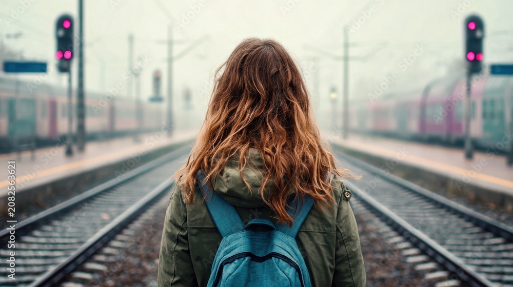 Fototapeta premium Woman standing on train tracks, waiting for a train to arrive at the station