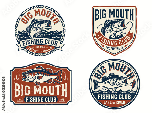 Set of vintage fishing club emblems with bass fish and typography