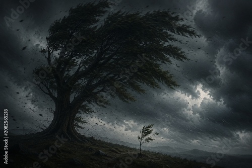 Konstfotografi A large tree swaying in a storm over a small sapling, dark and moody atmosphere