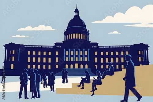 Citizens Discuss Democratic Policies Before Modern Parliament Illustration