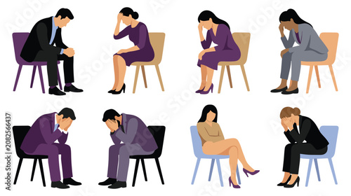 Bild auf Leinwand Diverse group of people expressing sadness and despair while sitting on chairs