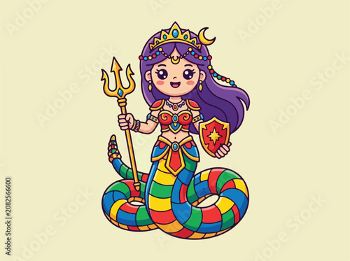 Cute Cartoon Naga Queen Character Holding Trident and Shield.