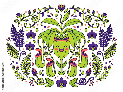 Cute cartoon pitcher plant illustration with tropical ferns and flowers.