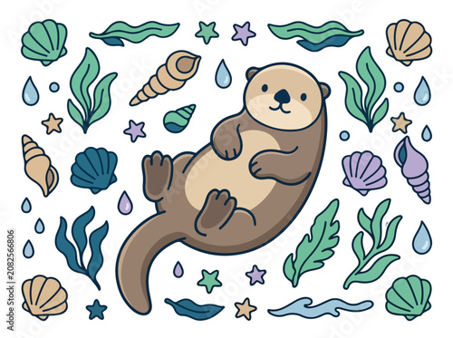 Cute cartoon sea otter floating in the ocean surrounded by seashells and seaweed.