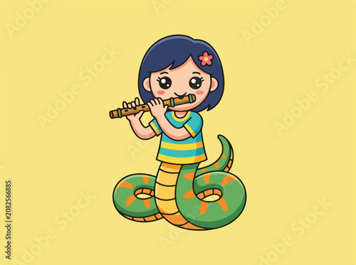 Cute cartoon snake girl playing a wooden flute.
