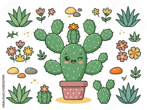 Cute Kawaii Cactus Plant Character Illustration Set.
