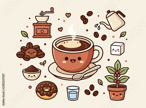Cute Kawaii Coffee Elements Set with Smiling Cup and Pastries.