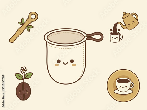 Cute kawaii coffee making tools and equipment set.