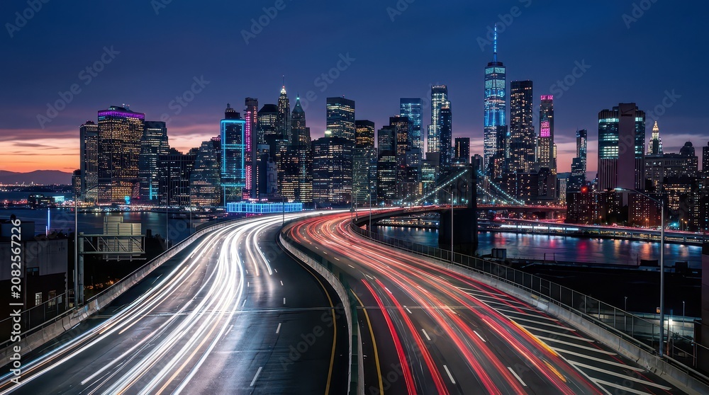 Fototapeta premium Dynamic city skyline with light trails at dusk.