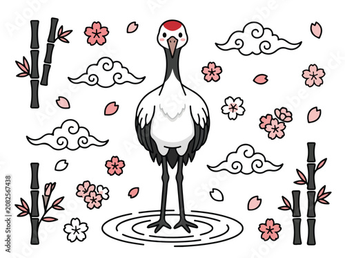 Japanese red crowned crane standing in water with cherry blossoms.