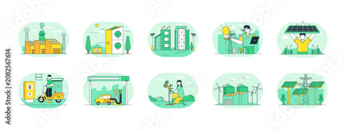 Collection of 10 green energy illustrations. Flat vector concept.	