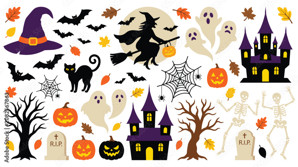 Fototapeta premium Spooky halloween scene illustrations with haunted castle witch flying ghosts and skeletons.