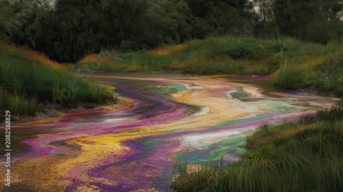 Suburban creek surface displaying vibrant rainbow colors from contamination, with lush green vegetation under overcast skies.
