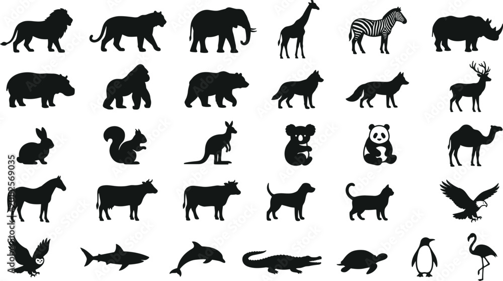 Fototapeta premium Detailed animal silhouettes depicting shark dolphin eagle owl and many other types of wild species