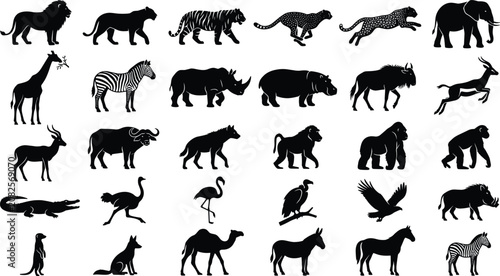 Photography Large african animal silhouettes including mammals birds and reptiles for safari