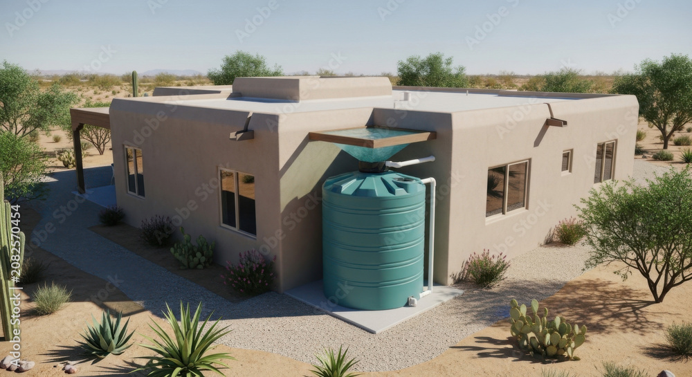 Fototapeta premium Sustainable Desert Home Rainwater Harvesting System Installed