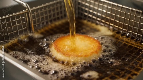 Deep Frying Crispy Golden Patty in Hot Oil Metal Basket