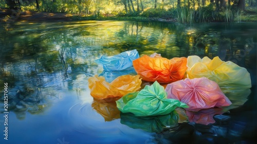 Vibrant plastic bags floating on pond surface in a park, highlighting environmental pollution with reflections