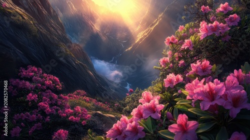 Vibrant Pink Wildflowers Blooming on a Sunlit Mountain Slope with Golden Rays Shining into the Valley