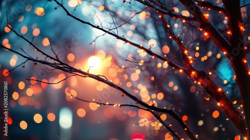 Warm Festive Lights with Glamorous Bokeh Effects on Tree Branches at Night