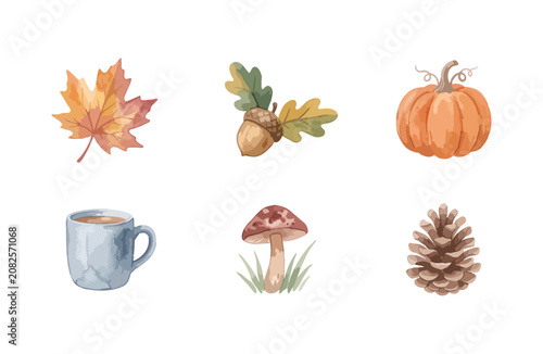 Watercolor autumn aesthetic icon set with pumpkin maple leaf and cozy elements on white background
