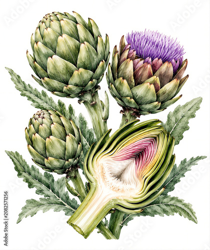 Watercolor Artichoke Botanical Illustration with Leaves and Cut Section