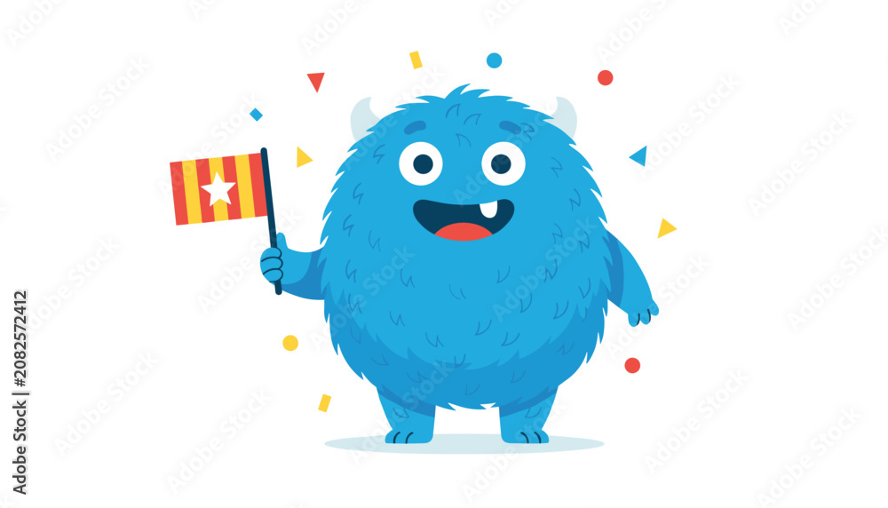 Obraz premium Cute smiling blue furry monster holds a small red and yellow striped flag with a star amid festive confetti.