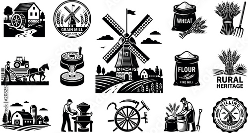 Foto Vintage Agriculture and Grain Milling Vector Logo Set with Windmill, Watermill,